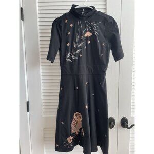 Wayward Fancies eshakti Owl Stars Leaf Embrodered Black Short Sleeve Dress M/10